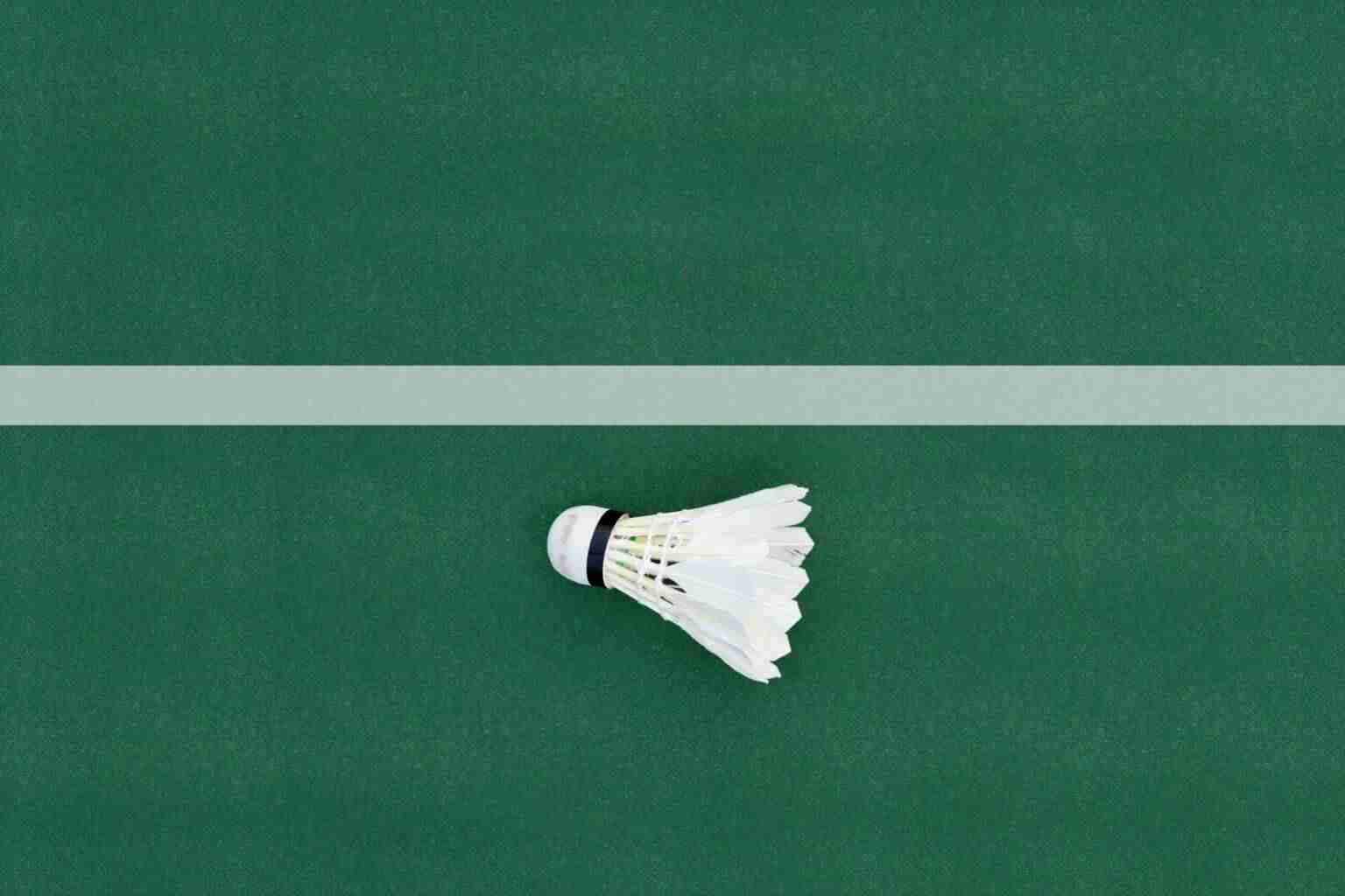 Badminton shuttlecock resting on a green court line