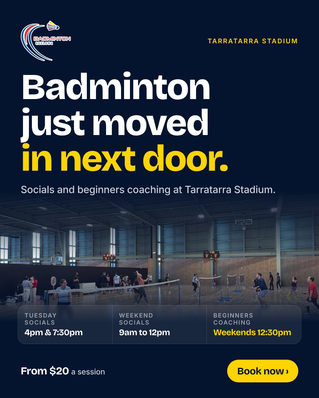 Ad: Badminton just moved in next door. Socials and beginners coaching at Tarratarra Stadium, from $20 a session
