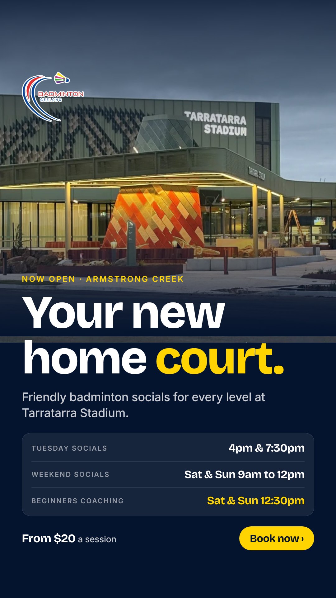 Ad: Your new home court. Friendly badminton socials for every level at Tarratarra Stadium