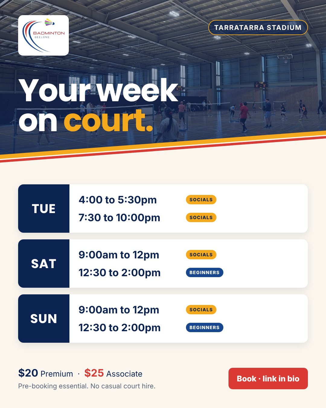 Your week on court: Tarratarra timetable for Tuesday, Saturday and Sunday